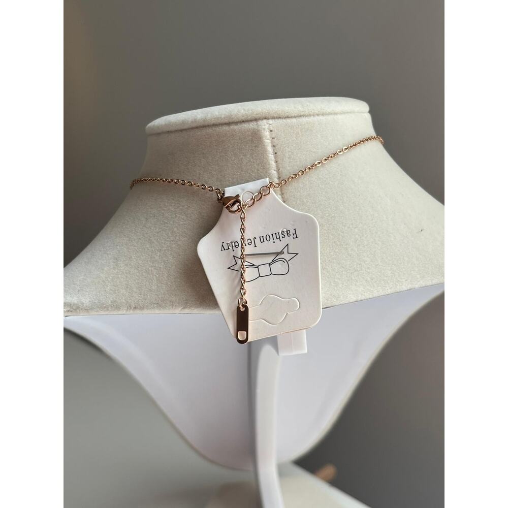 Rose Gold Necklace Round Pendant Minimal Black Detail Stainless Steel - Picture 9 of 9